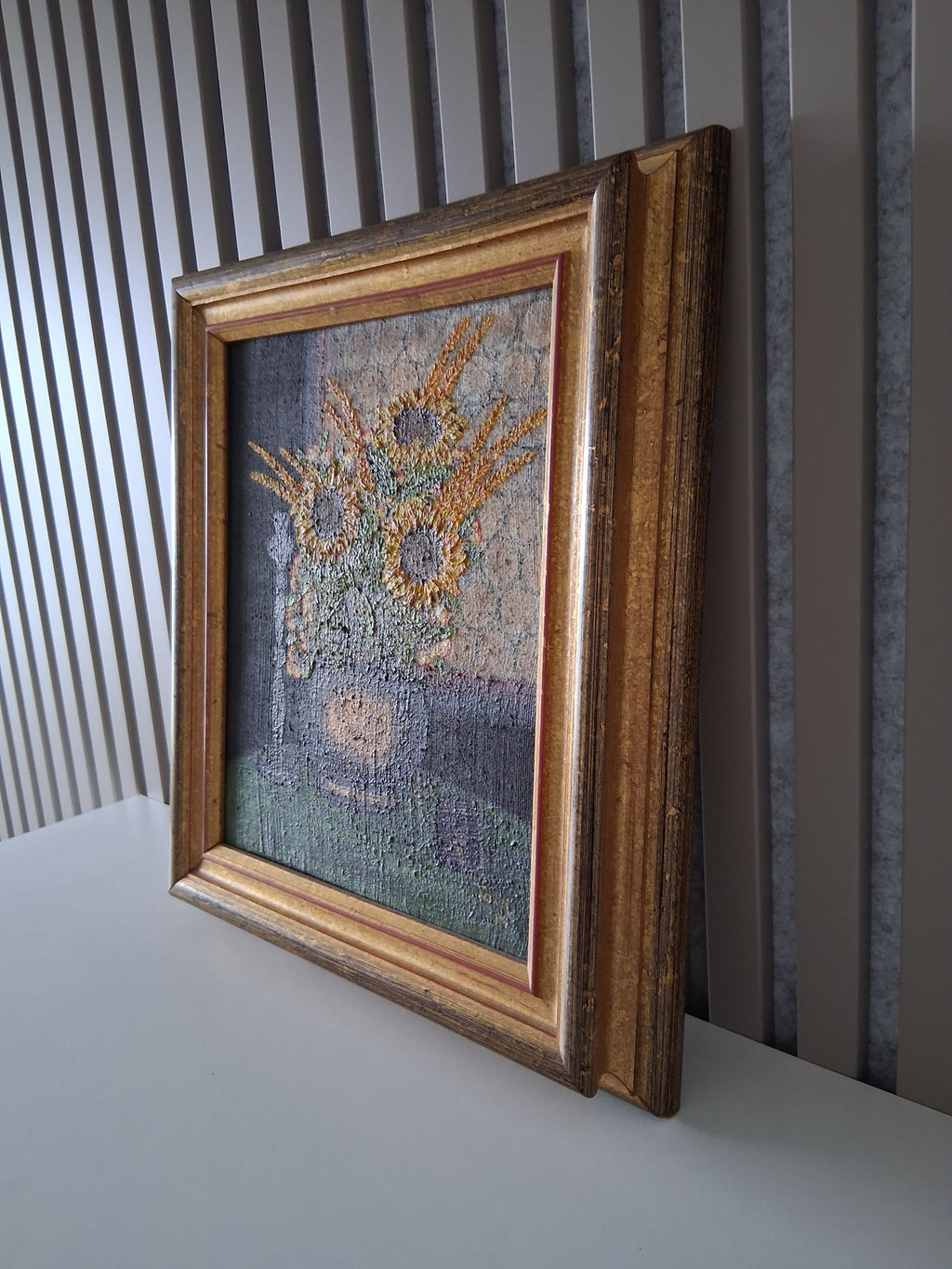 Altes Ölgemälde handgemalt mit Holzrahmen | Stillleben / Sonnenblumen | ORIGINAL & Signiert