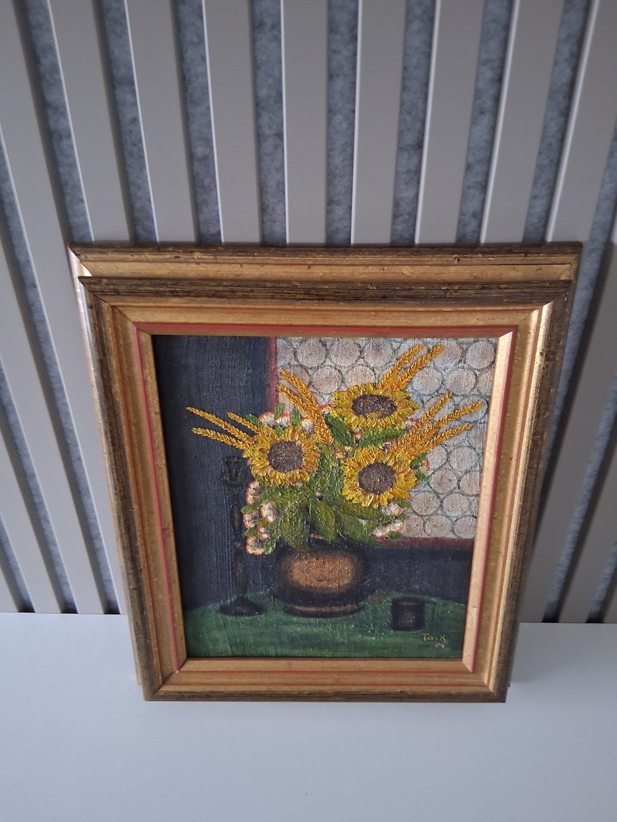 Altes Ölgemälde handgemalt mit Holzrahmen | Stillleben / Sonnenblumen | ORIGINAL & Signiert