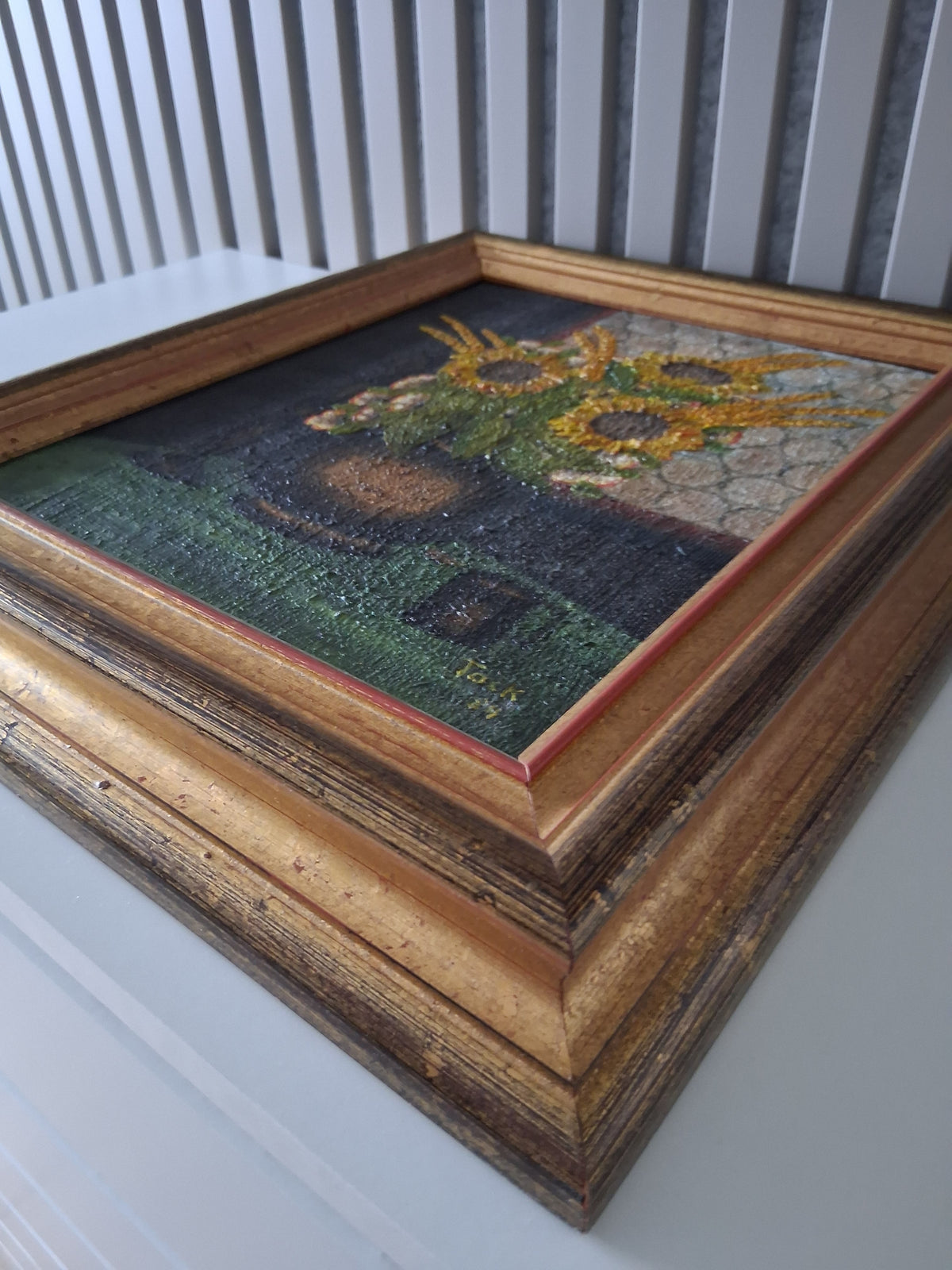Altes Ölgemälde handgemalt mit Holzrahmen | Stillleben / Sonnenblumen | ORIGINAL & Signiert