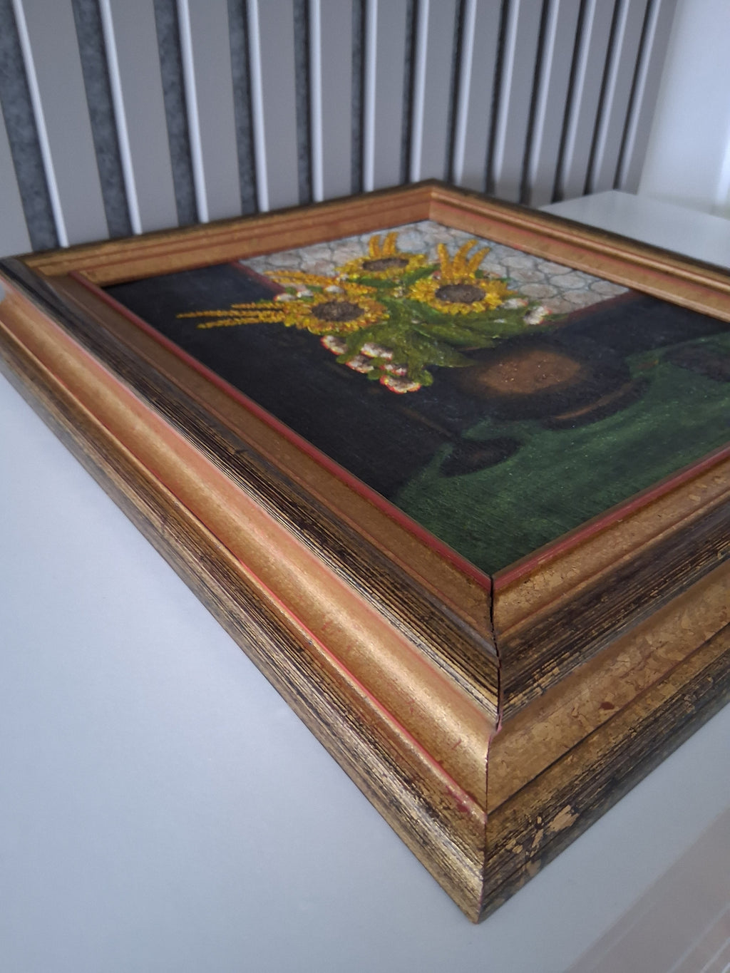 Altes Ölgemälde handgemalt mit Holzrahmen | Stillleben / Sonnenblumen | ORIGINAL & Signiert