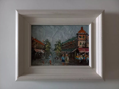 ORIGINAL Ölgemälde auf Leinwand inkl. Rahmen | Stadtszene / Stadtbild mit Figuren | 26x21 cm