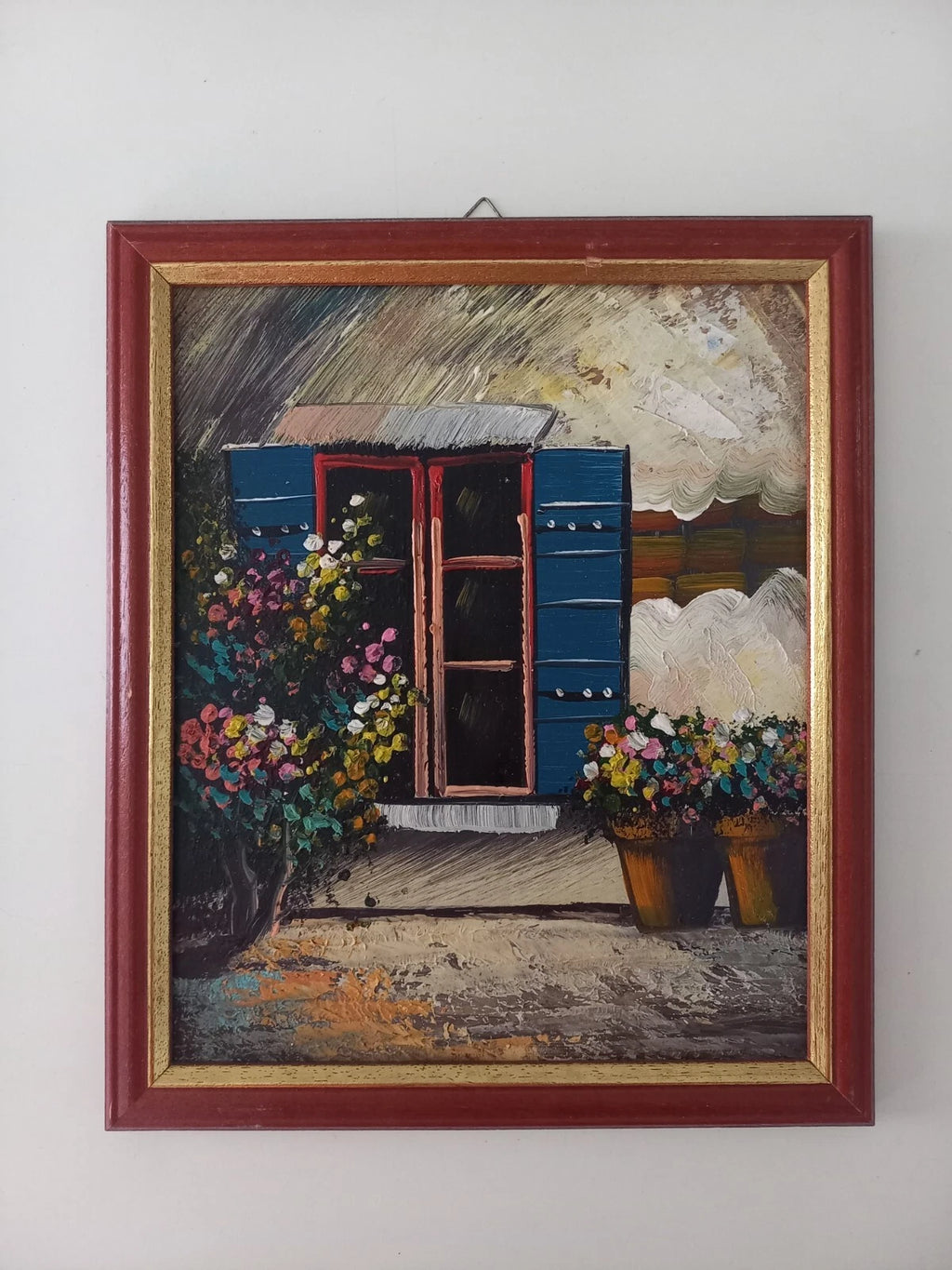 ORIGINAL Ölgemälde auf Karton inkl. Rahmen | Blumen vor dem Fenster | 23x27 cm | Vintage