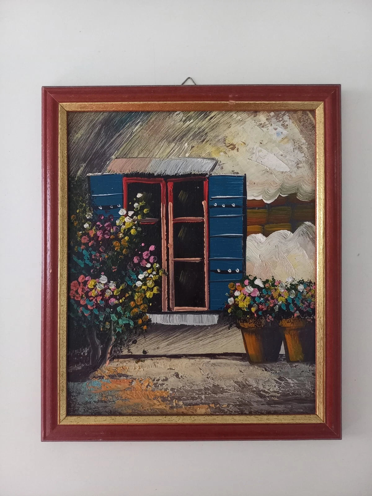 ORIGINAL Ölgemälde auf Karton inkl. Rahmen | Blumen vor dem Fenster | 23x27 cm | Vintage