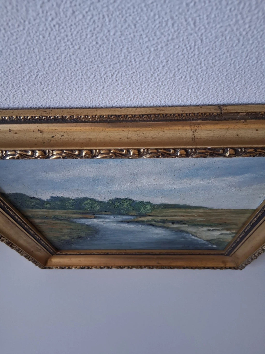ORIGINAL Ölgemälde auf Leinwand inkl. antikem Rahmen | Flusslandschaft | 36x36 cm | Signiert