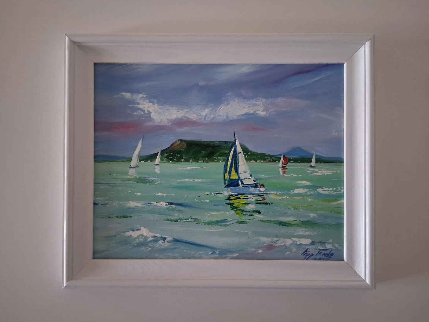 PAPP TÜNDE | Segelboote / Landschaft / Balaton / Ungarn | ORIGINAL Ölgemälde auf Karton inkl. Rahmen