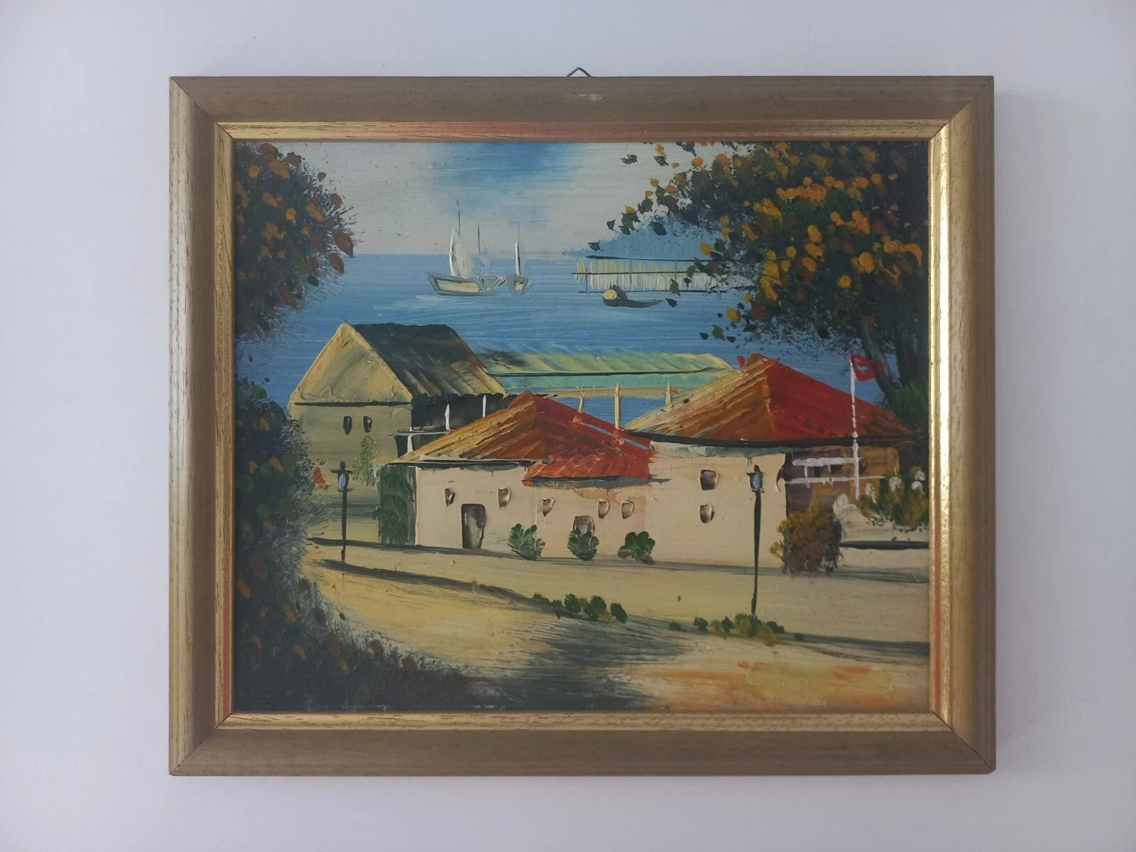 ORIGINAL Ölgemälde auf Karton inkl. Rahmen | Landschaft / Küste / Meer | 27x23 cm | Vintage