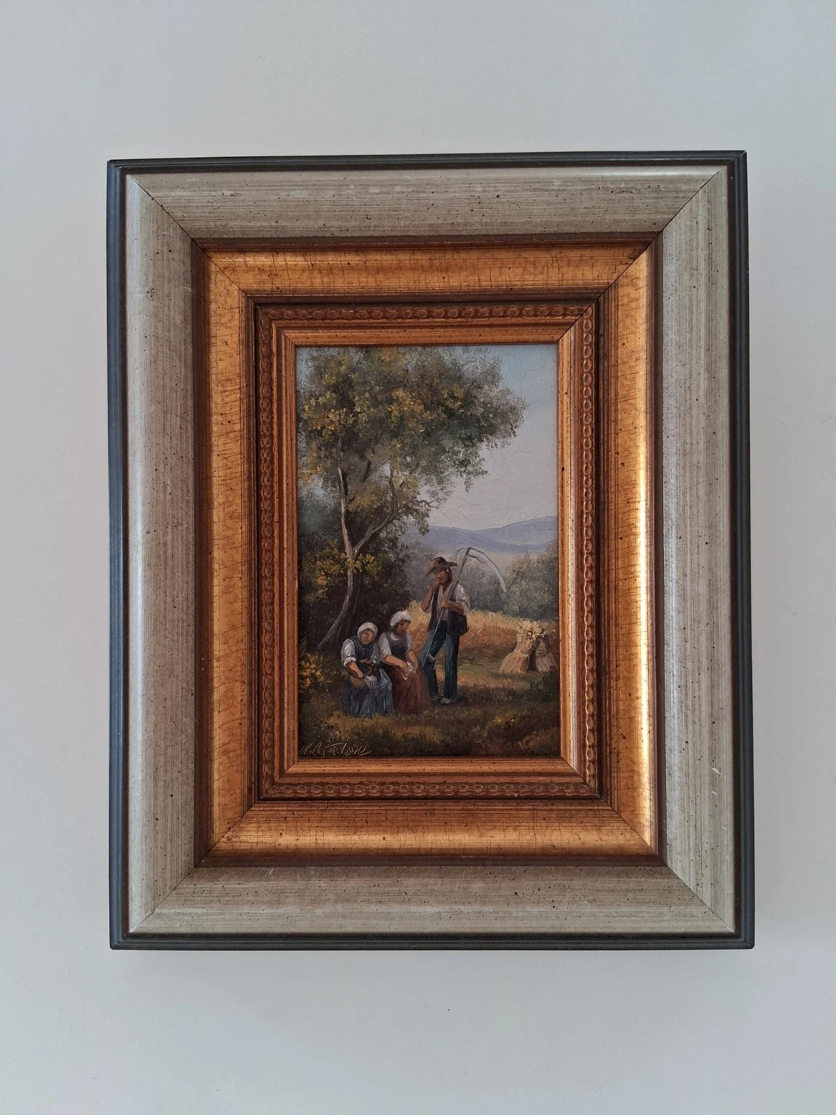 ORIGINAL Ölgemälde auf Holzplatte inkl. Rahmen | Landwirtschaft / Heuernte / Figuren | Signiert