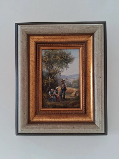 ORIGINAL Ölgemälde auf Holzplatte inkl. Rahmen | Landwirtschaft / Heuernte / Figuren | Signiert