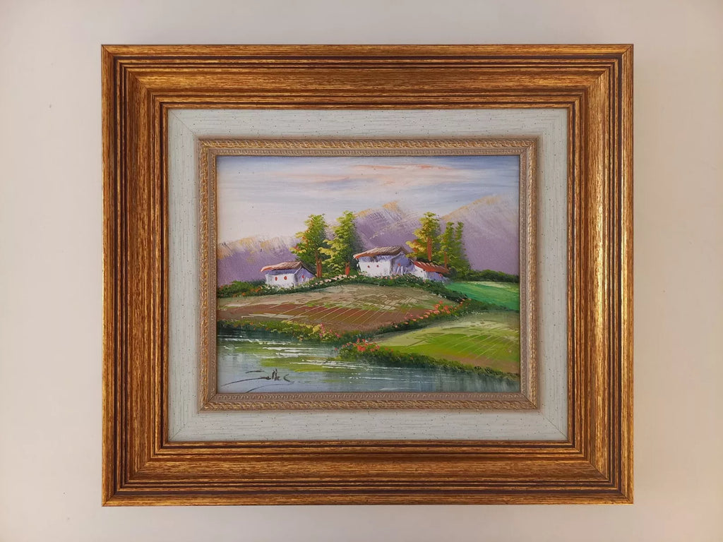 ORIGINAL Ölgemälde auf Leinwand inkl. Rahmen | Flusslandschaft / Berge | 38x33 cm | Signiert