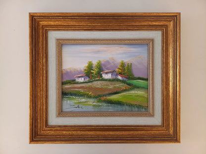 ORIGINAL Ölgemälde auf Leinwand inkl. Rahmen | Flusslandschaft / Berge | 38x33 cm | Signiert
