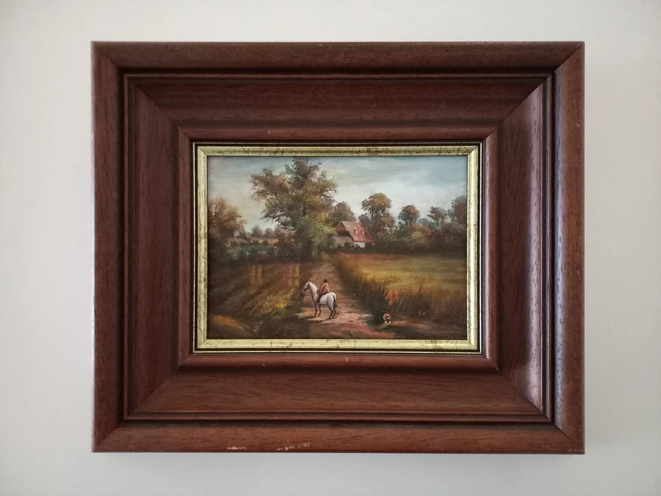 ORIGINAL Ölgemälde auf Holzplatte inkl. Rahmen | Reiter mit Pferd / Bauernhaus / Natur | 31x26 cm