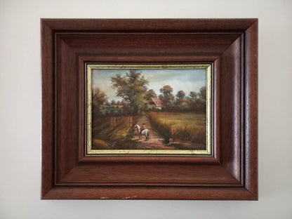 ORIGINAL Ölgemälde auf Holzplatte inkl. Rahmen | Reiter mit Pferd / Bauernhaus / Natur | 31x26 cm