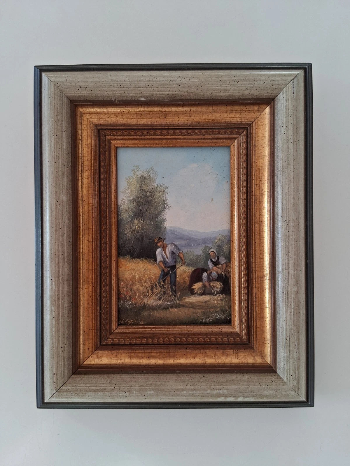 ORIGINAL Ölgemälde auf Holzplatte inkl. Rahmen | Landwirtschaft / Heuernte / Figuren | Signiert