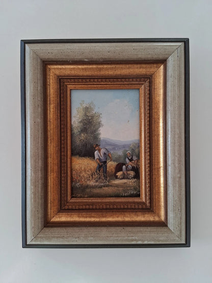 ORIGINAL Ölgemälde auf Holzplatte inkl. Rahmen | Landwirtschaft / Heuernte / Figuren | Signiert