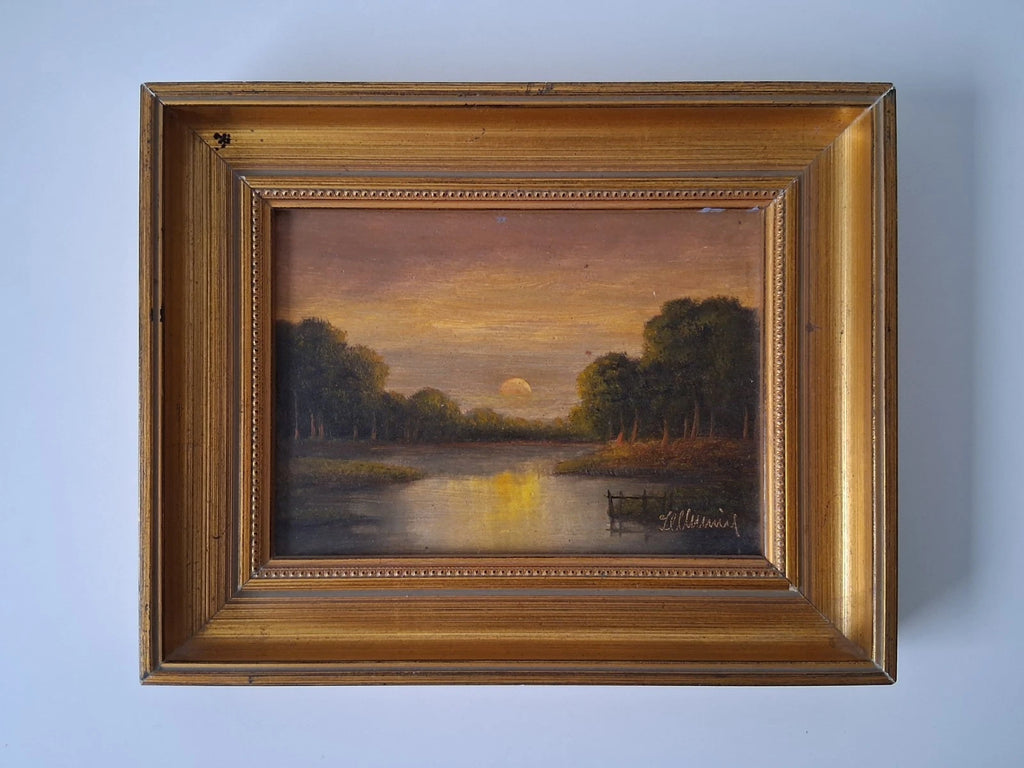 ORIGINAL Ölgemälde auf Holzplatte inkl. Rahmen | Romantische Seenlandschaft | 24x19 cm | Signiert