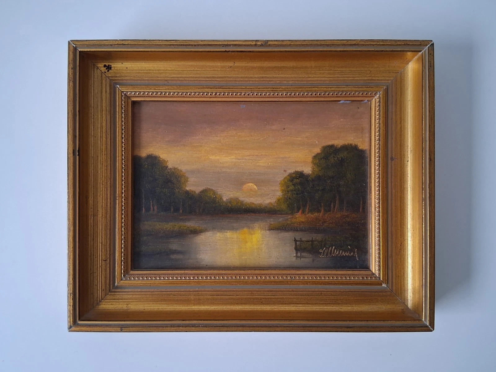 ORIGINAL Ölgemälde auf Holzplatte inkl. Rahmen | Romantische Seenlandschaft | 24x19 cm | Signiert