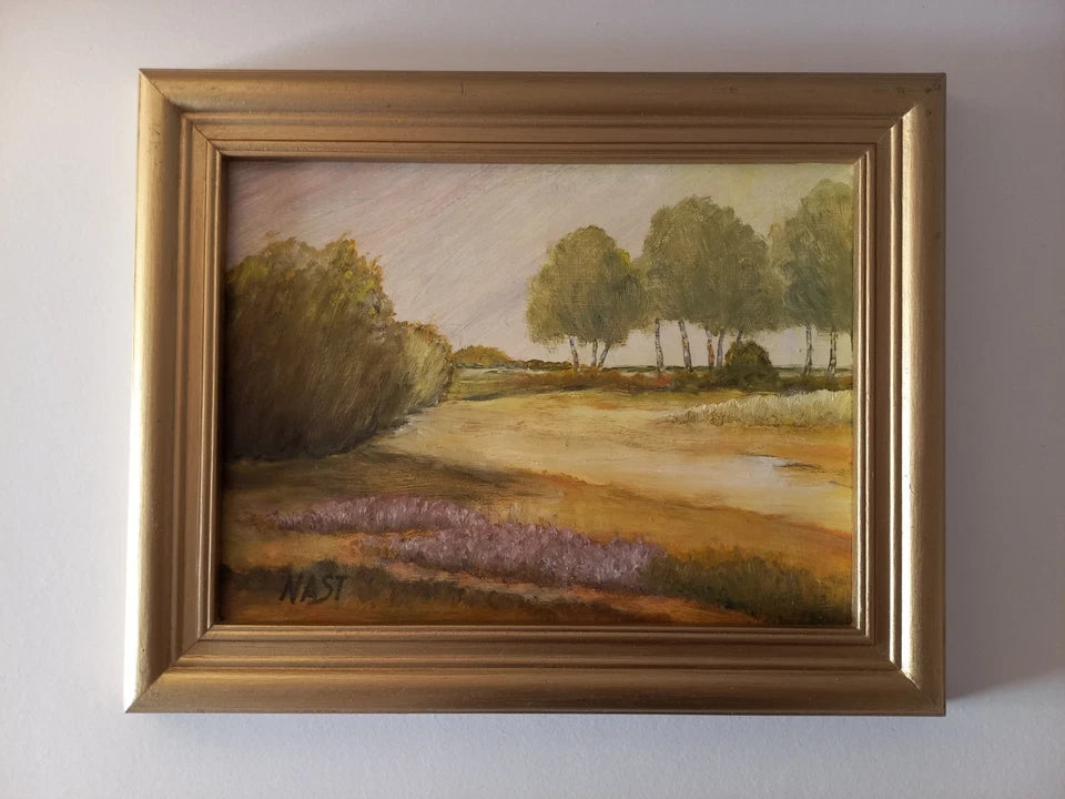 ORIGINAL Ölgemälde auf Karton inkl. Rahmen | Heidelandschaft | 28x22 cm | Signiert: NAST