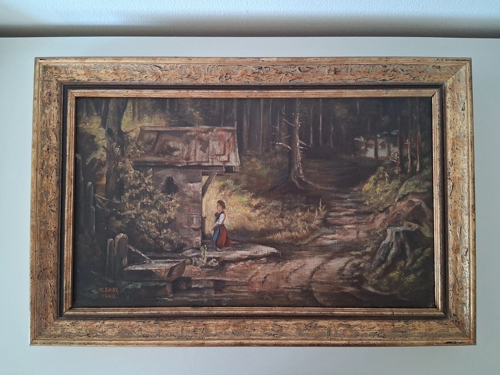 HANDGEMALTES Ölgemälde auf Leinwand nach Carl Spitzweg | Kapelle im Wald | W. EHRL (1948)