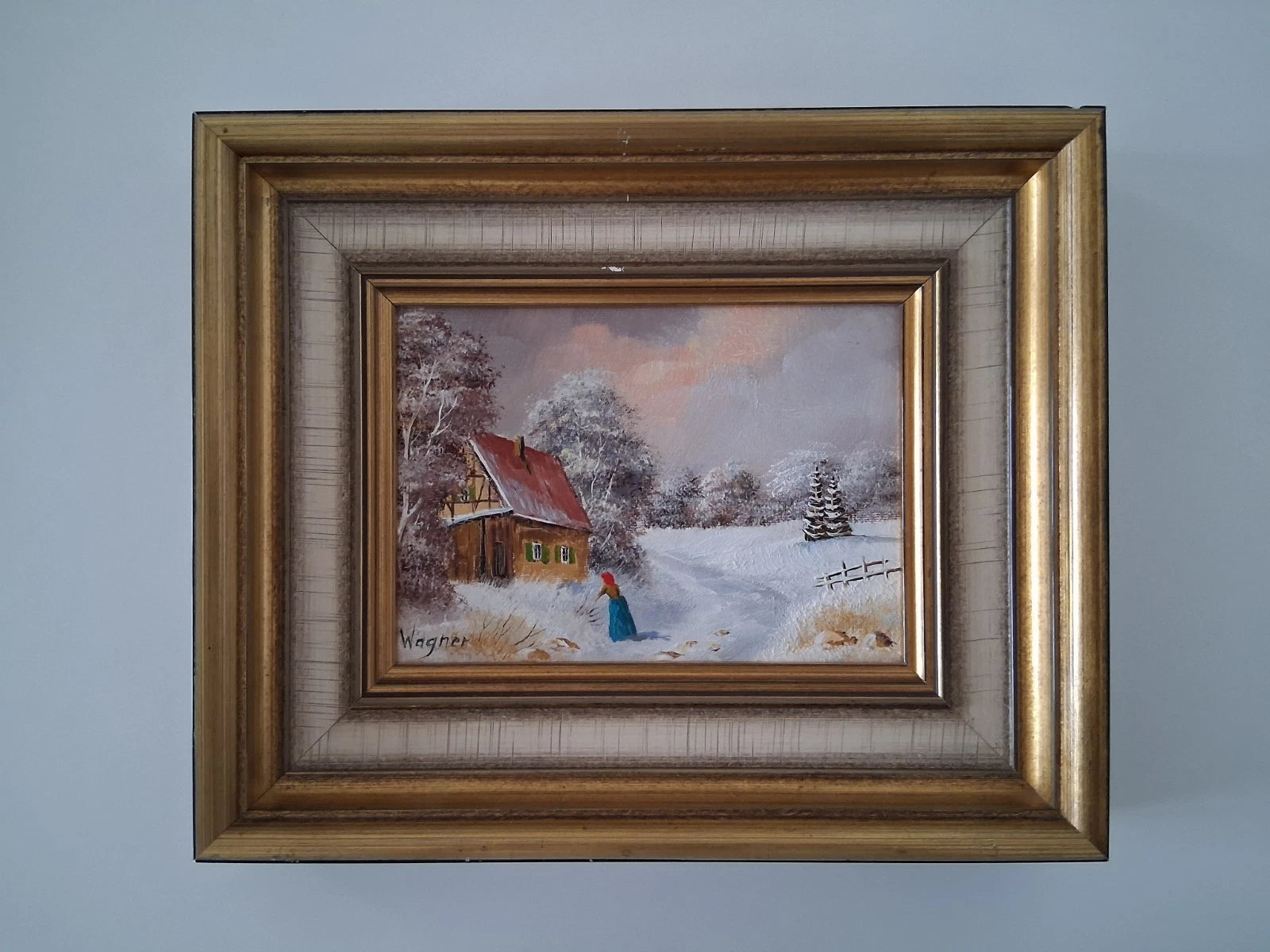 ORIGINAL Ölgemälde auf Karton inkl. Rahmen | Bauernhaus / Winterlandschaft mit Figur | Signiert