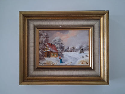 ORIGINAL Ölgemälde auf Karton inkl. Rahmen | Bauernhaus / Winterlandschaft mit Figur | Signiert