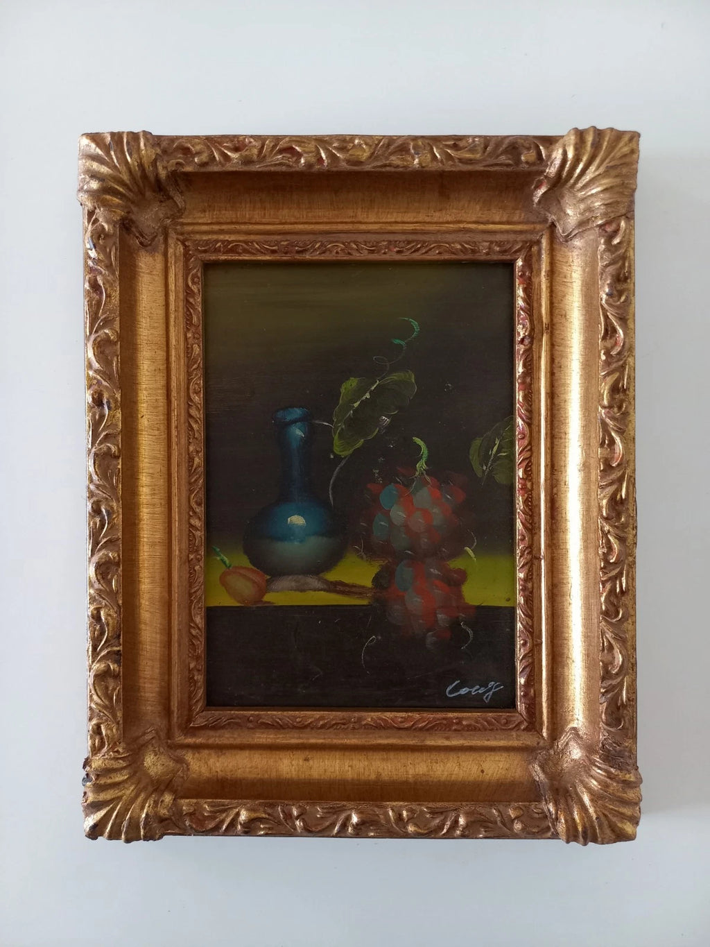 ORIGINAL Ölgemälde auf Karton inkl. Rahmen | Stillleben / Weintrauben | 21x26 cm | Signiert