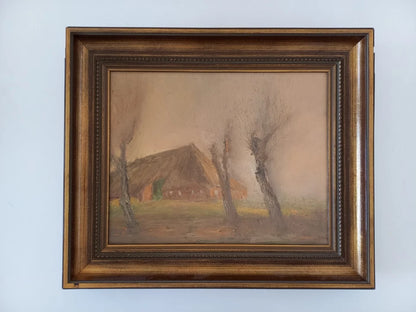 ORIGINAL Ölgemälde auf Leinwand inkl. Rahmen | Reetdachhaus / Nebel / Ostfriesland | Signiert