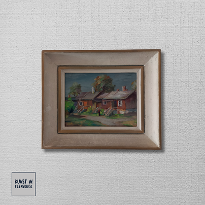 ORIGINAL Ölgemälde auf Karton inkl. Rahmen | Landschaft / Bauernhaus mit Figur | Signiert