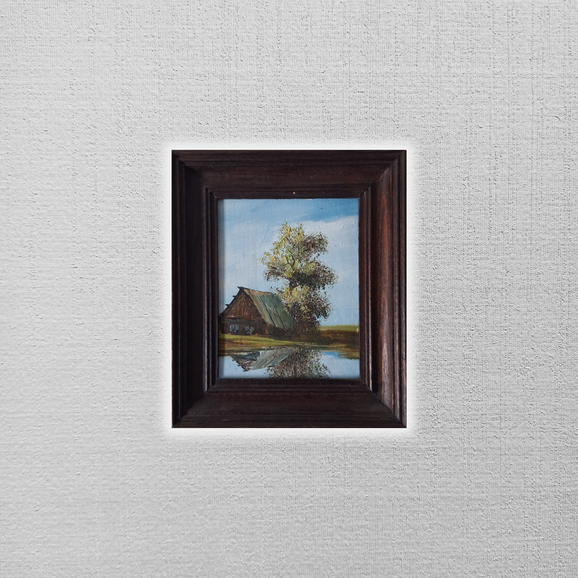 KLEINES ORIGINAL Ölgemälde auf Karton | Bauernhaus / Landschaft / Natur | 11x13 cm | Vintage