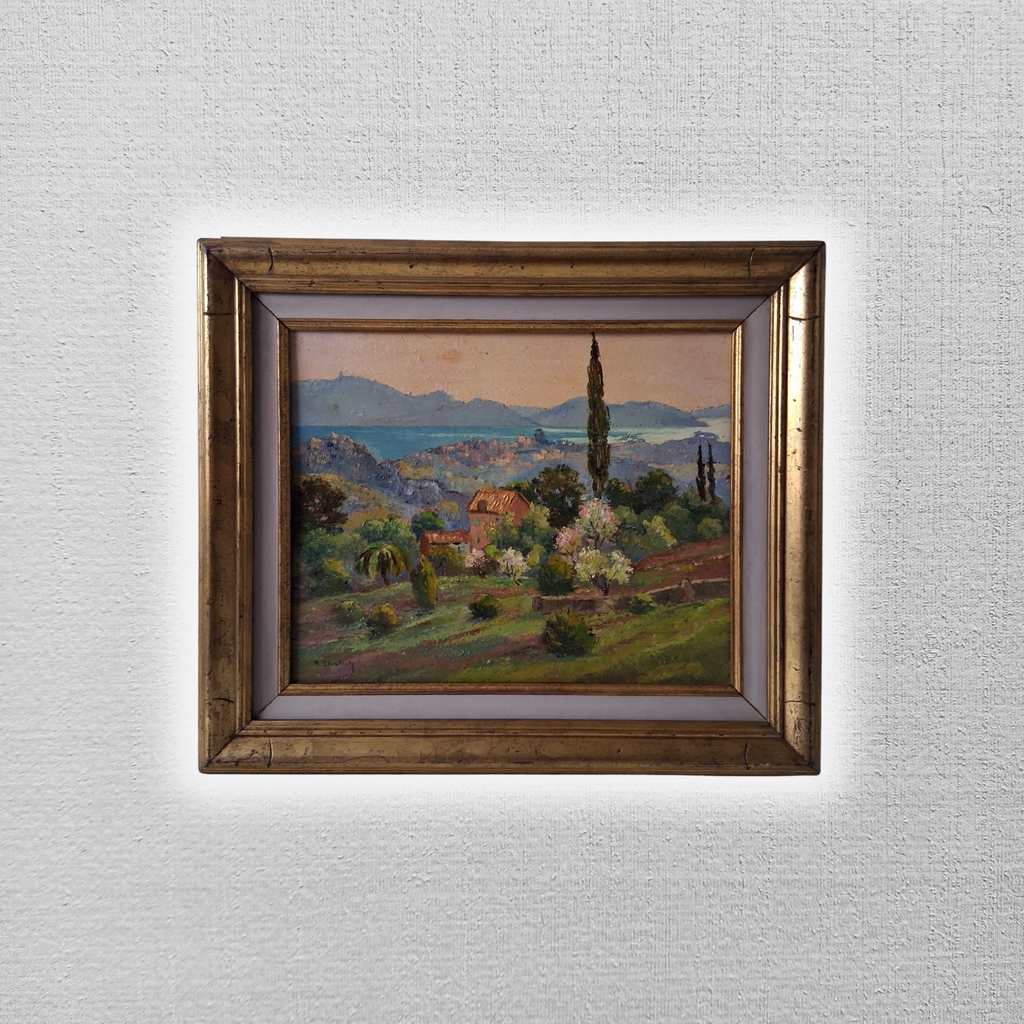 F. EHRLICH | Der Golf von Saint-Tropez / Cote d'Azur | ORIGINAL Ölgemälde auf Holzplatte inkl. Rahmen
