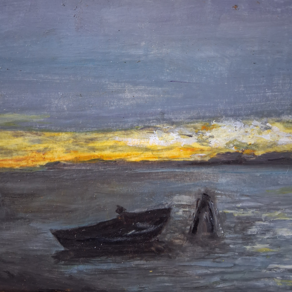 ORIGINAL Ölgemälde auf Holzplatte inkl. Rahmen | Boot bei Dämmerung | 35x24 cm | Signiert