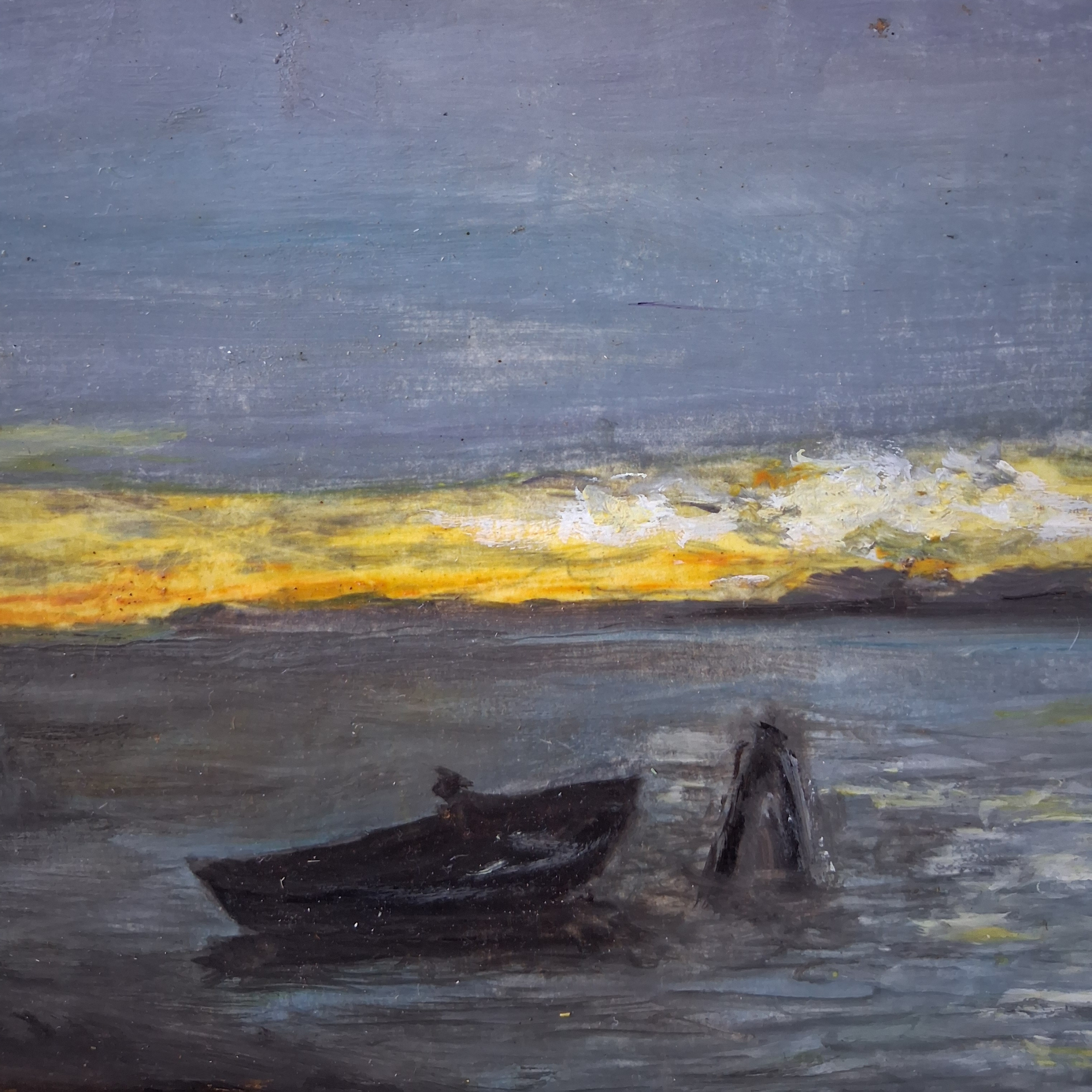 ORIGINAL Ölgemälde auf Holzplatte inkl. Rahmen | Boot bei Dämmerung | 35x24 cm | Signiert