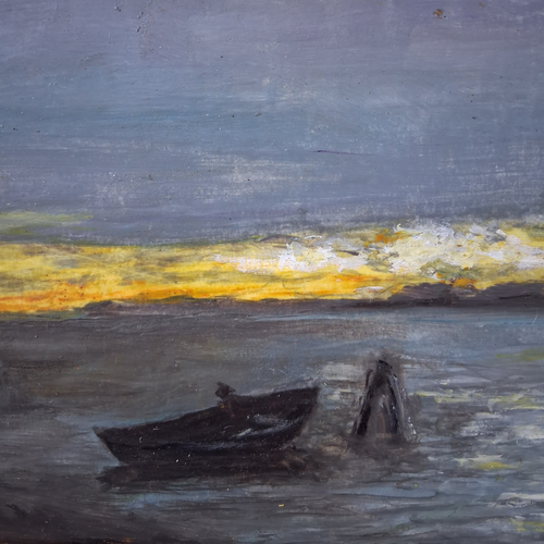 Altes Ölgemälde handgemalt mit antikem Rahmen | Boot bei Dämmerung | 35x24 cm | Signiert
