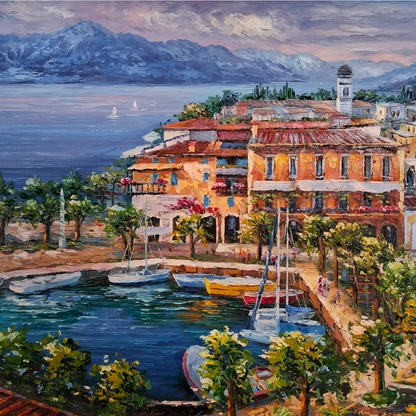ORIGINAL Ölgemälde auf Leinwand | Torri del Benaco / Gardasee / Italien | 70x50 cm | Signiert: STEFANI