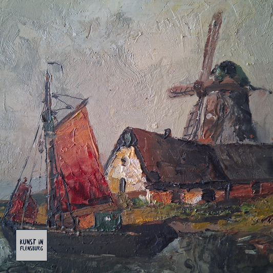 ORIGINAL Ölgemälde auf Karton inkl. Rahmen | Segelboot / Windmühle | 39x33 cm | Signiert