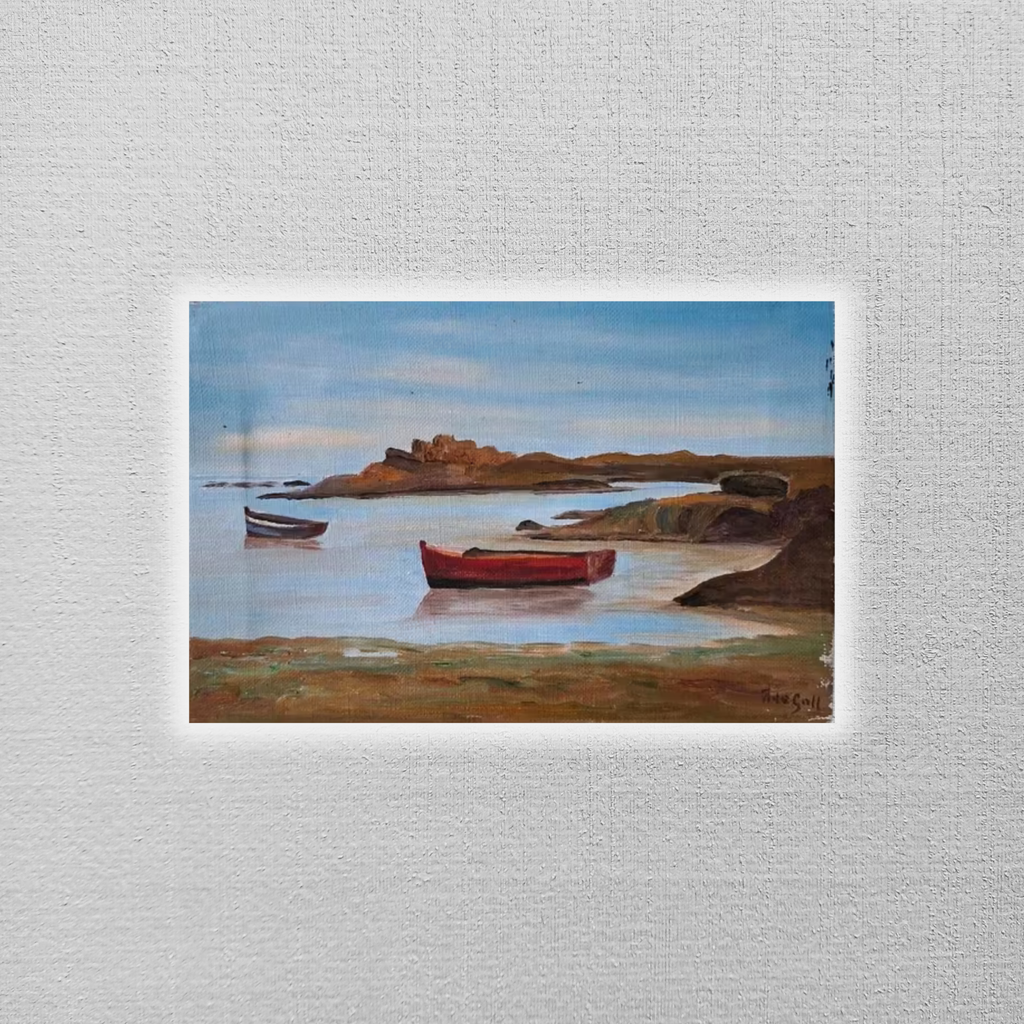 ORIGINAL Ölgemälde auf Leinwand | Bucht mit Fischerbooten in der Bretagne | 24x16 cm | Signiert