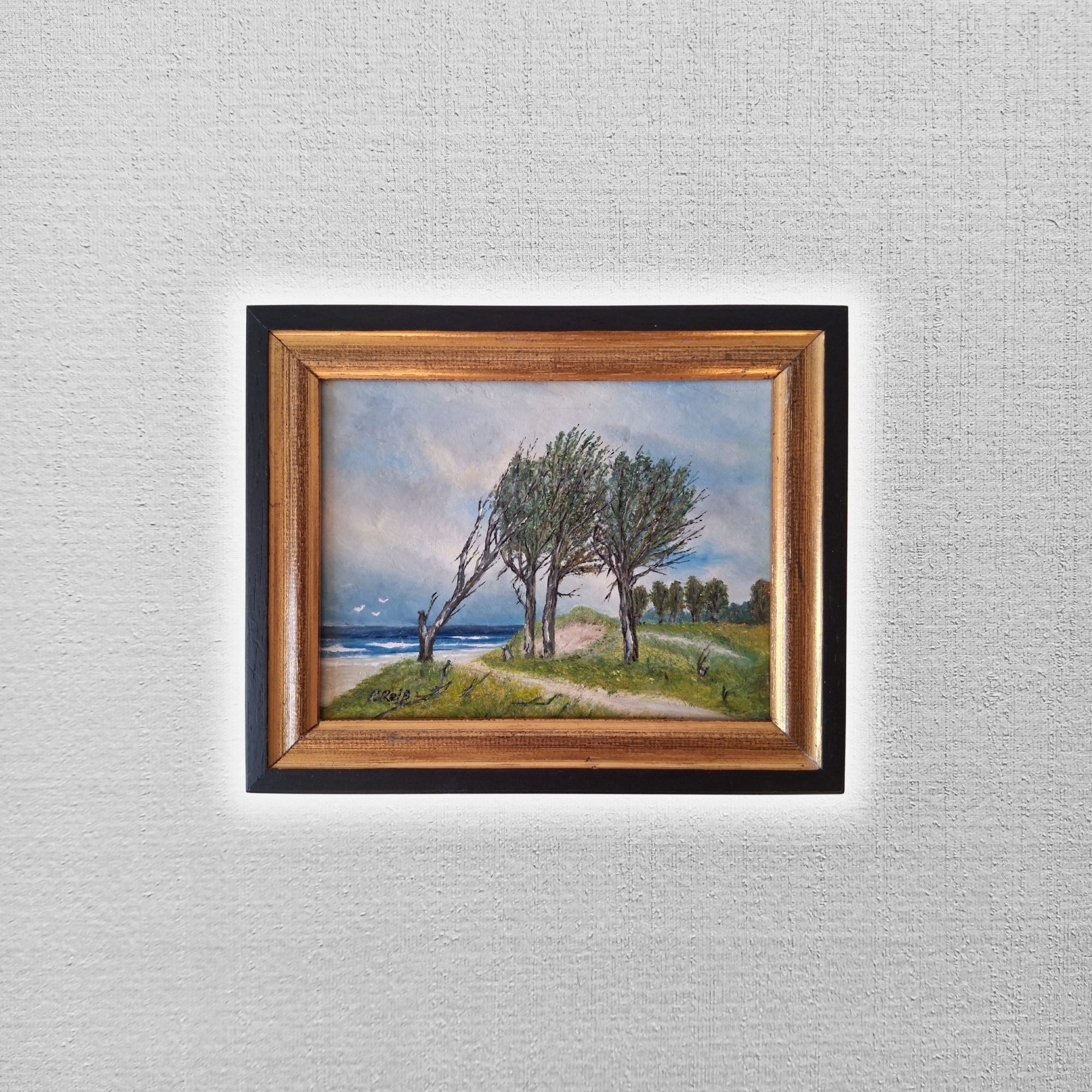 ORIGINAL Ölgemälde auf Karton inkl. Rahmen | Küstenlandschaft / Meer | 25x20 cm | Signiert