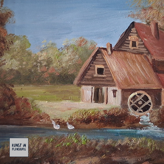 ORIGINAL Ölgemälde auf Karton inkl. Rahmen | Bauernhaus / Landschaft | 22x20 cm | Signiert
