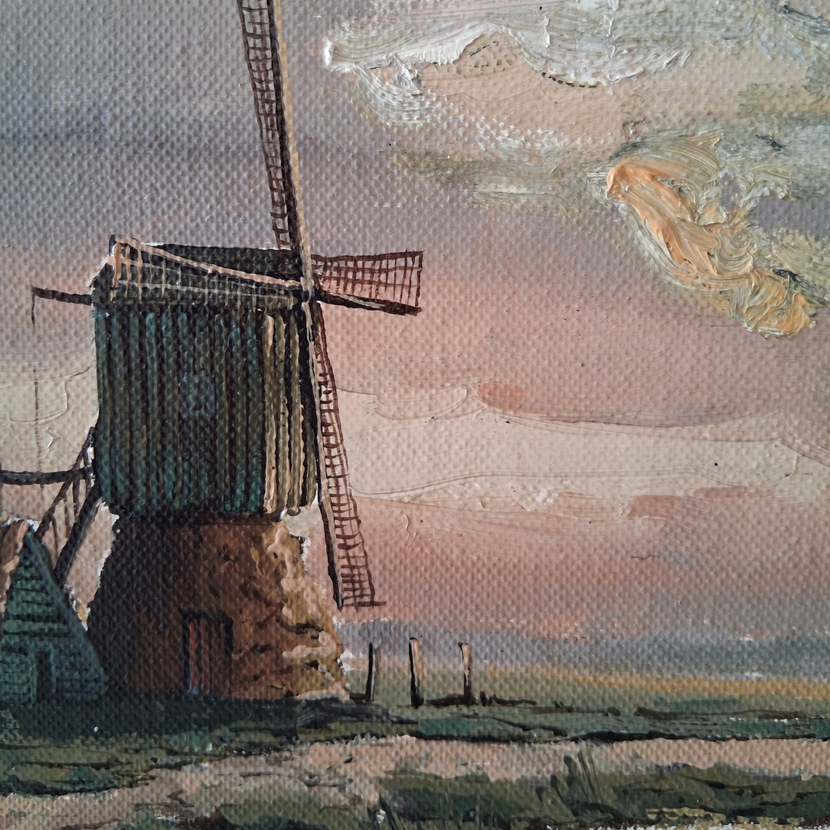 Altes Ölgemälde handgemalt mit Holzrahmen | Landschaft mit Windmühle | ORIGINAL & Signiert