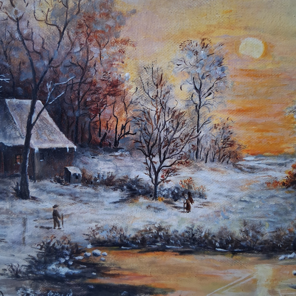 ORIGINAL Ölgemälde auf Leinwand inkl. Rahmen | Winterlandschaft mit Bauernhaus | Signiert