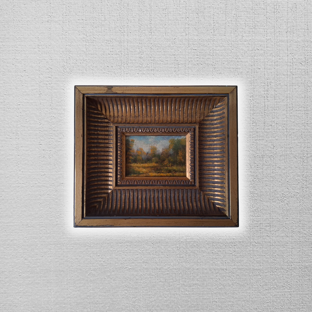 ORIGINAL Ölgemälde auf Karton inkl. antikem Rahmen | Waldlandschaft / Natur / Bäume | 26x22 cm