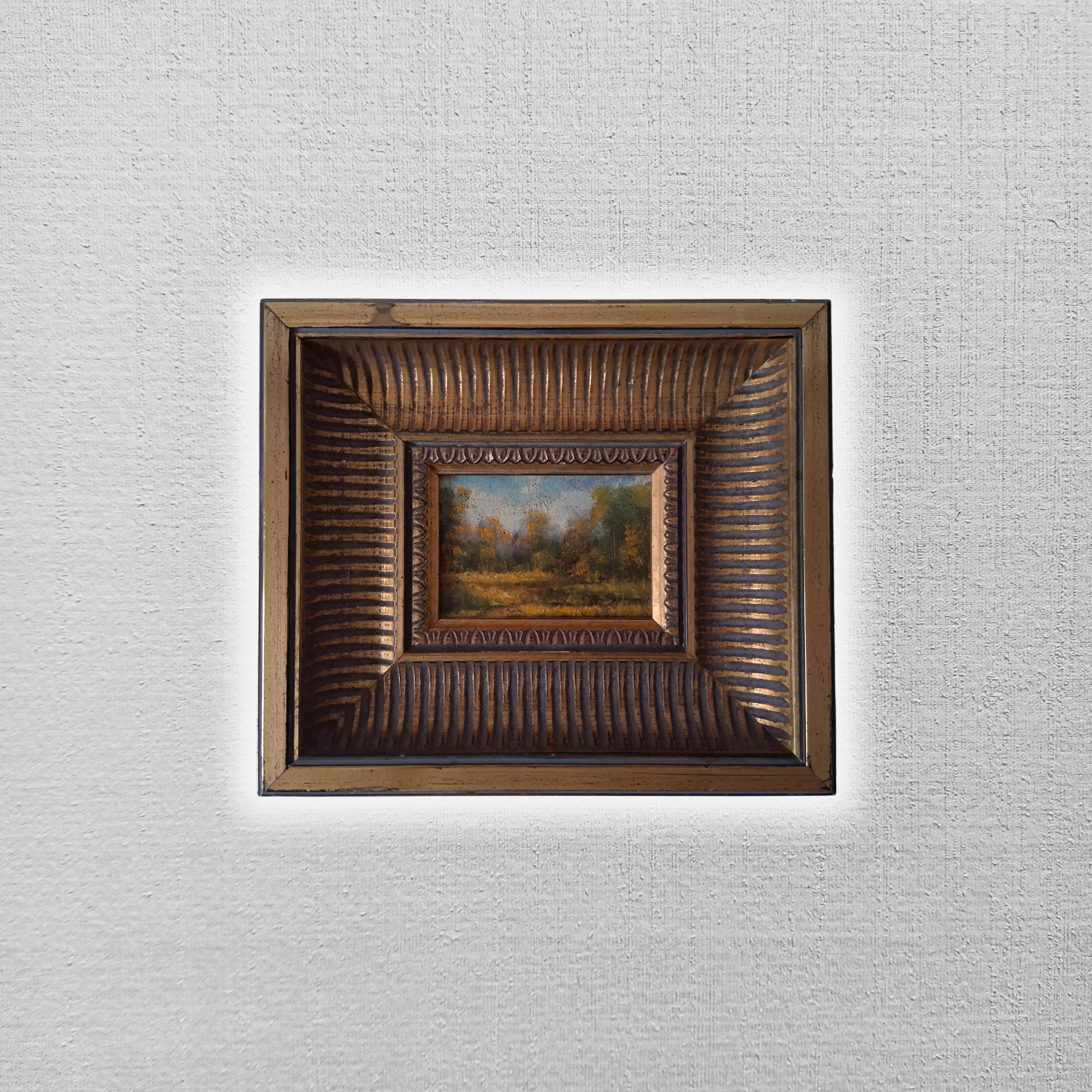 ORIGINAL Ölgemälde auf Karton inkl. antikem Rahmen | Waldlandschaft / Natur / Bäume | 26x22 cm