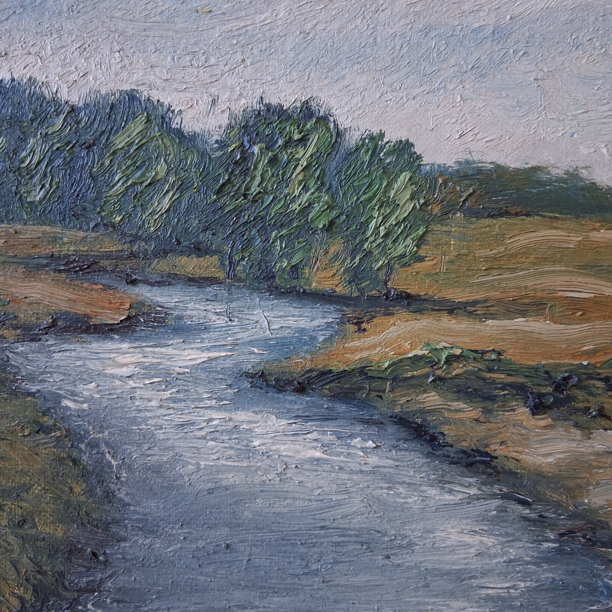 ORIGINAL Ölgemälde auf Leinwand inkl. antikem Rahmen | Flusslandschaft | 36x36 cm | Signiert
