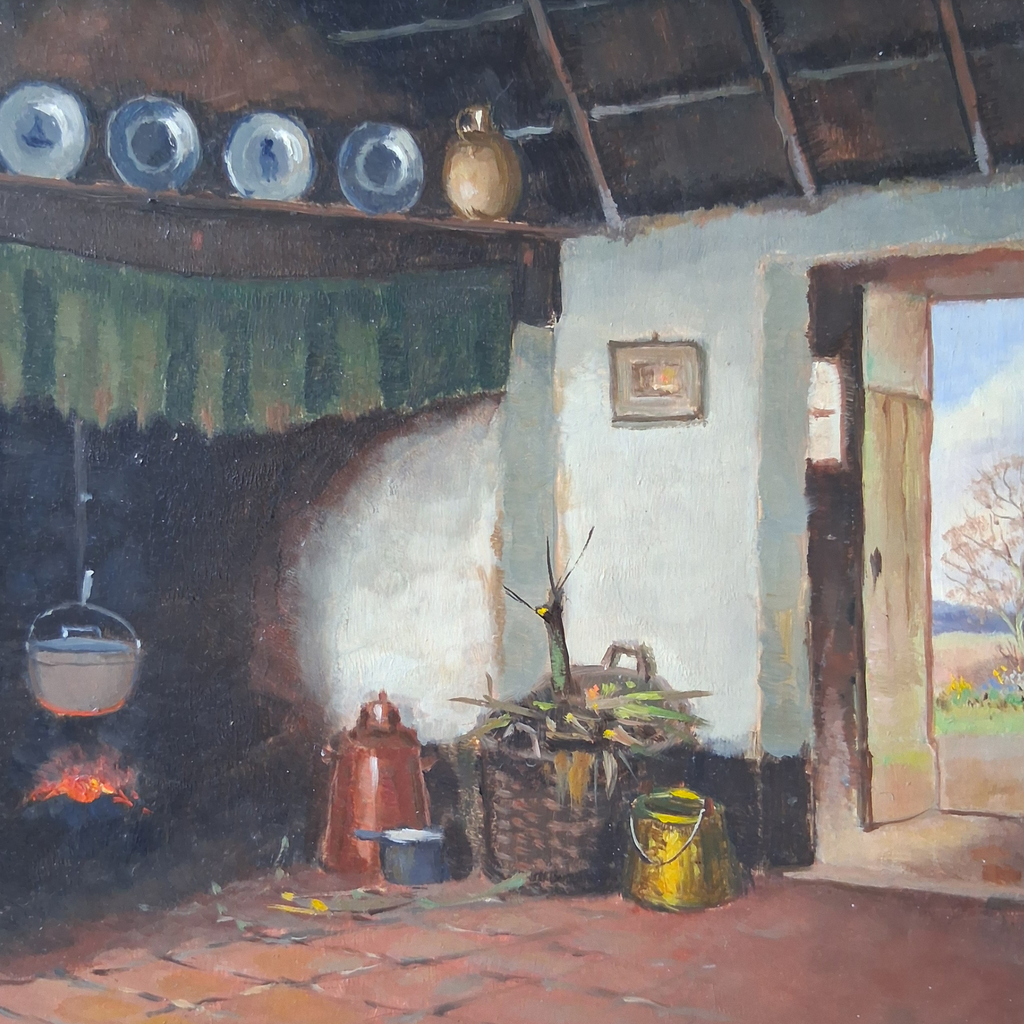 HENDRIK-JAN NEULAND (1928-2009) | Bauernhaus / Feuerstelle | ORIGINAL Ölgemälde auf Holzplatte