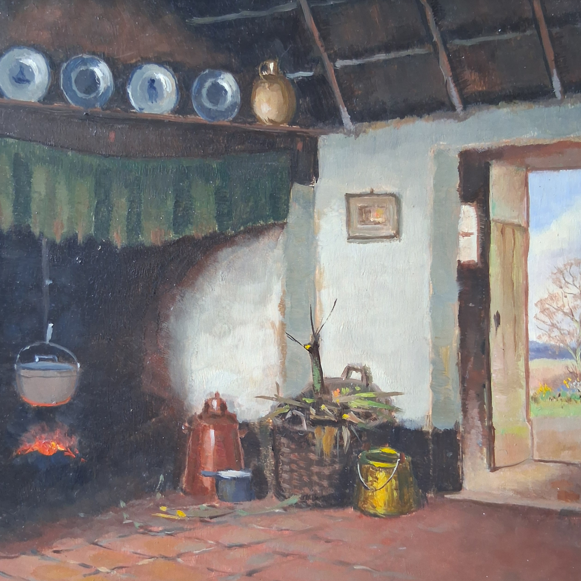 HENDRIK-JAN NEULAND (1928-2009) | Bauernhaus / Feuerstelle | ORIGINAL Ölgemälde auf Holzplatte