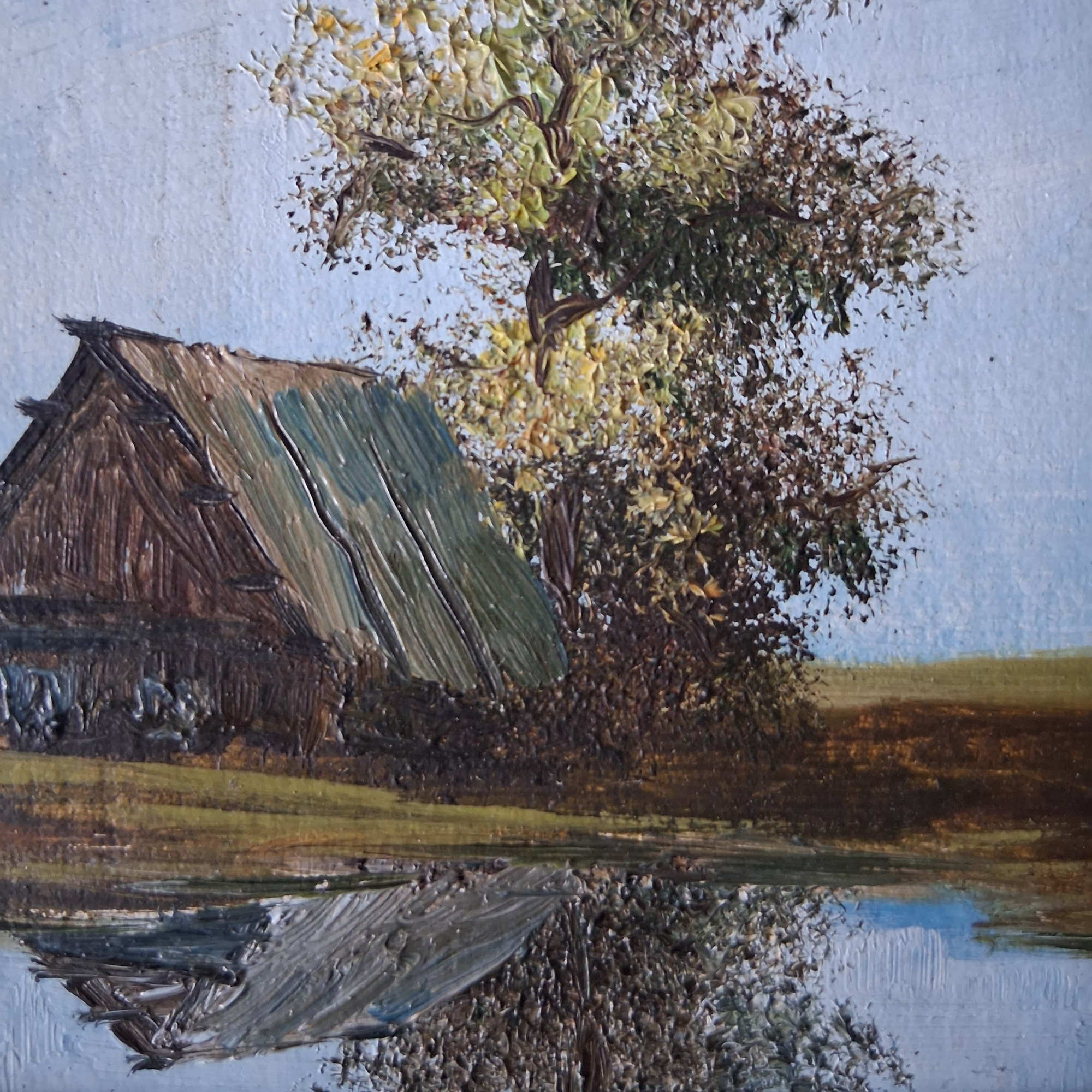 KLEINES ORIGINAL Ölgemälde auf Karton | Bauernhaus / Landschaft / Natur | 11x13 cm | Vintage