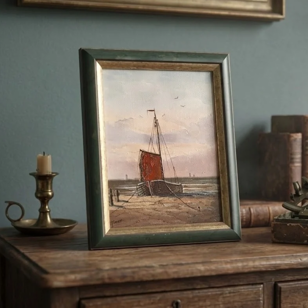 Altes Ölgemälde handgemalt mit Rahmen | Bomschuit / Fischerboot am Strand | ORIGINAL & Signiert