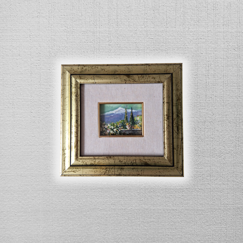 ORIGINAL Ölgemälde auf Holzplatte inkl. Rahmen | Taormina mit Ätna / Sizilien / Italien | 25x23 cm | Signiert