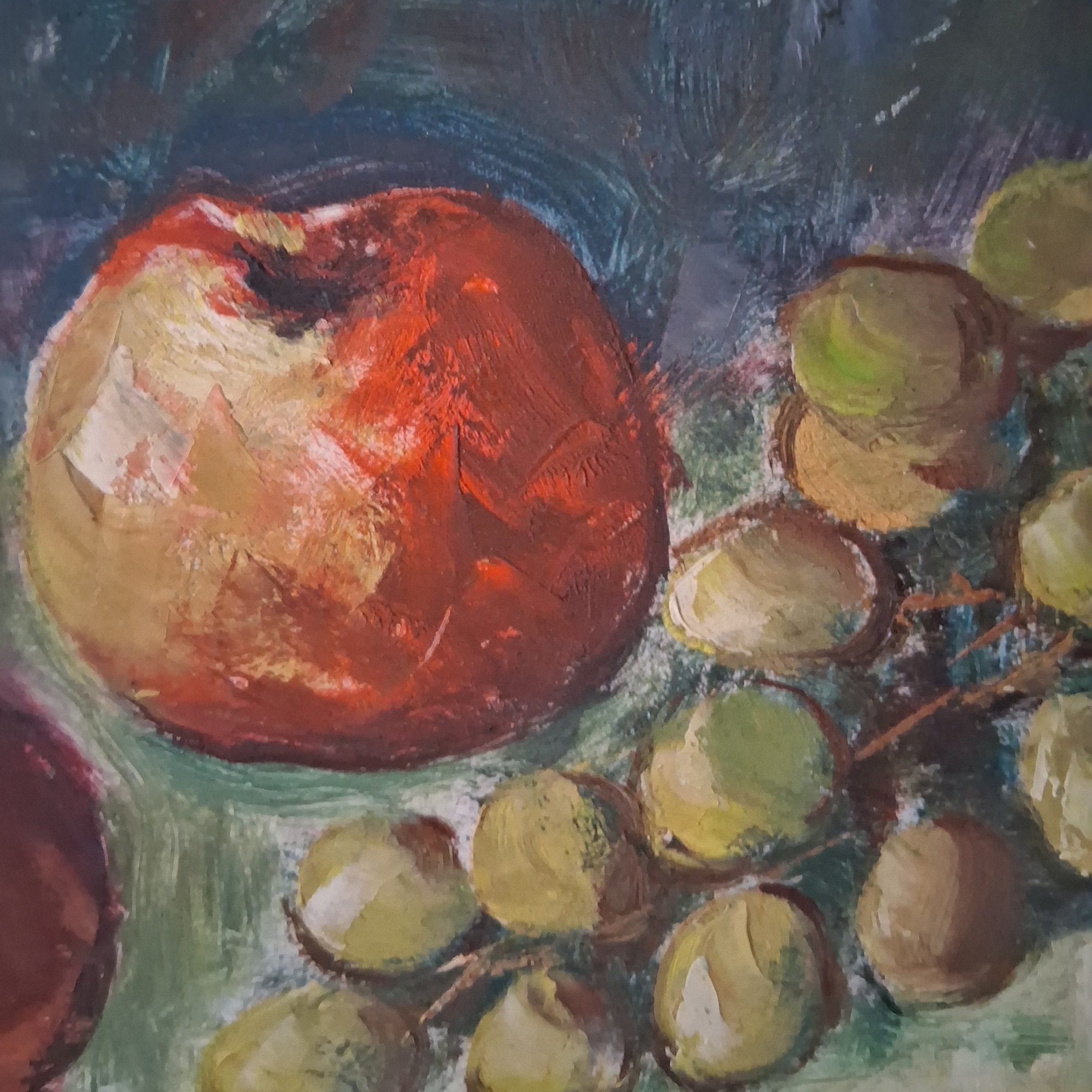 ORIGINAL Ölgemälde auf Karton inkl. Rahmen | Stillleben / Obst / Apfel / Weintrauben | Signiert