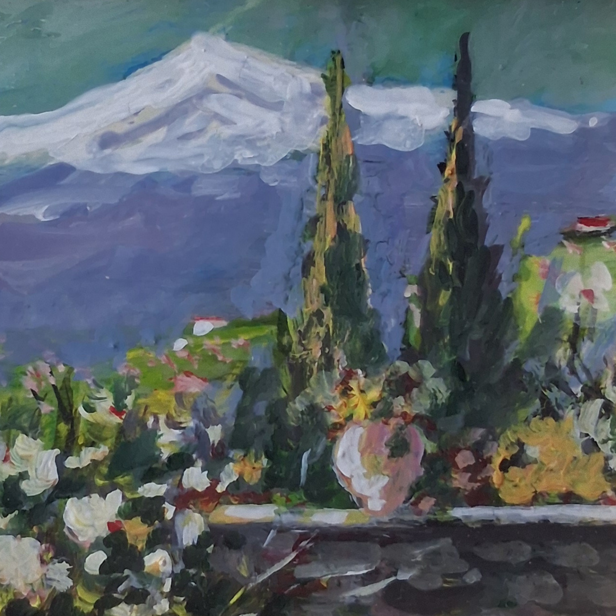 ORIGINAL Ölgemälde auf Holzplatte inkl. Rahmen | Taormina mit Ätna / Sizilien / Italien | 25x23 cm | Signiert