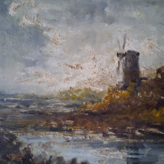 ORIGINAL Ölgemälde auf Holzplatte inkl. antikem Rahmen | Fluss / Landschaft / Windmühle | Signiert